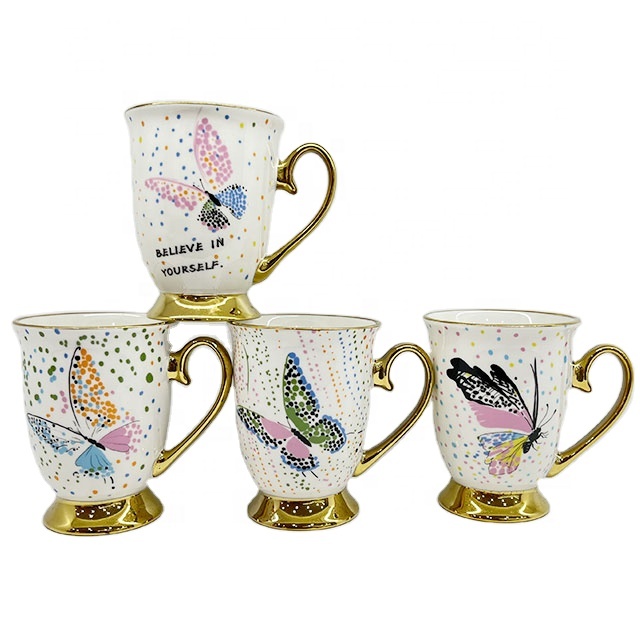 Роскошный дизайн 2025, кофейная кружка с золотой ручкой, гальваническое покрытие, бабочка